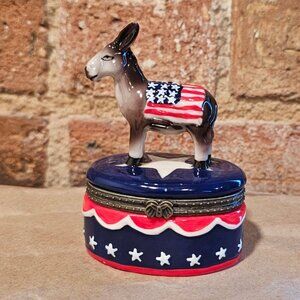 Porcelain Trinket Box Democratic Donkey USA American Flag Political Party
